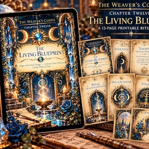 Puede incluir: Una tableta digital muestra The Weaver's Codex Chapter Twelve The Living Blueprint, una guía ritual imprimible de 13 páginas. Junto a ella hay varias tarjetas impresas con títulos como Invocation, Teaching, Reflection, Ritual y Sigil & Activation, decoradas con arcos dorados, rosas azules y motivos lunares celestiales.