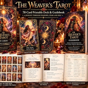 May include: The Weaver's Tarot 78-card printable deck and guidebook set features a box, a card back, The Fool card, a guidebook, and a quick reference guide. The cards display celestial, floral, and figure illustrations in gold, red, and black.