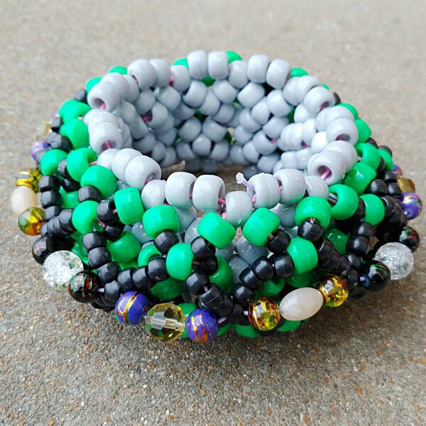3D Kandi Cuff - X Cuff - 2X Tall - Rave - Festival - Gray Green Black Stone Glass Beads