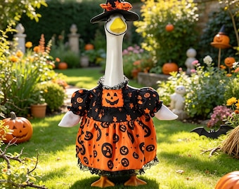 Halloween veranda gans outfit, gans standbeeld kleding met hoed, feestelijk gazon gans kostuum, herfsttuin decor voor gans standbeeld
