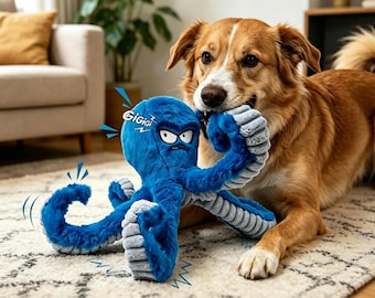 Juguetes resistentes para perros, juguetes grandes de peluche para perros para mantenerlos ocupados, juguete interactivo de tira y afloja con sonido para perros, pulpo azul arrugado