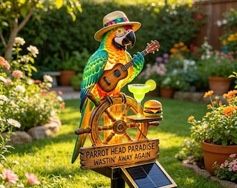 Tuinverlichting op zonne-energie, tropische vogel tuindecoratie op zonne-energie, gitaar- en scheepswiel tuinpaal, terras gazondecoratie, gif