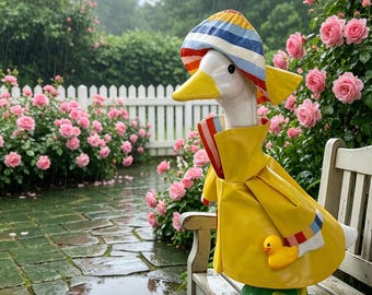 Regenjas veranda gans outfit met paraplu en hoed, gans standbeeld kleding, tuingazon gans kostuum, seizoensgebonden buitendecor