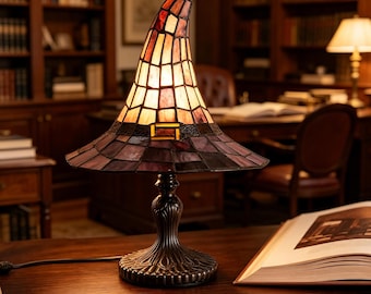 Lámpara de sombrero de bruja de vitral - Lámpara de bruja retro de resina hecha a mano, luz nocturna gótica con forma de sombrero de mago alimentada por USB, decoración para el hogar de Halloween