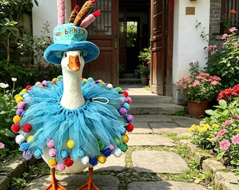 2026 feestelijke outfitset veranda gans, 23 inch witte ganskleding, verjaardagsmuts en sjaal decor, boerderij gazon tuindecoratie, gans cadeau