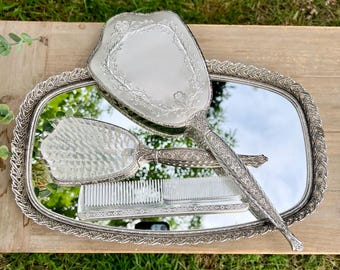 Vintage Vanity Silver Mirror Brush Set | Set of 3