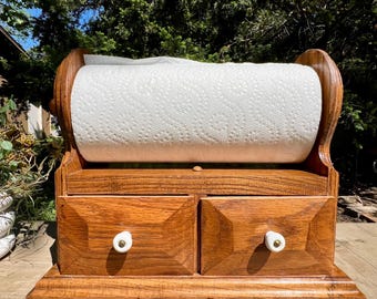 Vintage Wood Countertop Paper Towel Holder w/ 2 Drawers