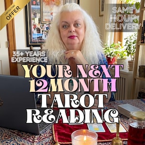 Puede incluir: Imagen que promociona un servicio de lectura de tarot. El texto incluye "OFERTA POR TIEMPO LIMITADO", "ENTREGA EN LA MISMA HORA", "35+ AÑOS DE EXPERIENCIA" y "TU PRÓXIMA LECTURA DE TAROT DE 12 MESES". Se ve a una mujer con pelo blanco.