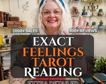 May include: A person with white hair wearing a teal headband, smiling while holding up a hand. The image features text that reads EXACT FEELINGS TAROT READING, HALF HOUR, 2000+ SALES, 500+ REVIEWS, and EXTRA DETAILED, with a red circular chart below.
