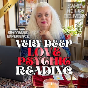 May include: An image featuring a woman with long white hair, offering psychic readings. Text includes "Very Deep Love & Psychic Reading," "35+ Years Experience," and "Same Hour Delivery." A laptop, tarot cards, a candle, and a bell are visible.
