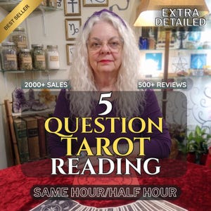 May include: A person with long white hair wearing a purple long-sleeve shirt behind a red velvet table. Text on the image reads 5 QUESTION TAROT READING, BEST SELLER, EXTRA DETAILED, 2000+ SALES, 500+ REVIEWS, and SAME HOUR/HALF HOUR.
