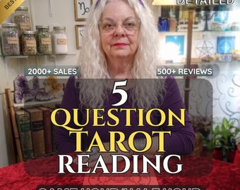 May include: A person with long white hair wearing a purple long-sleeve shirt behind a red velvet table. Text on the image reads 5 QUESTION TAROT READING, BEST SELLER, EXTRA DETAILED, 2000+ SALES, 500+ REVIEWS, and SAME HOUR/HALF HOUR.
