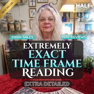 May include: A person with long white hair wearing a purple top sits behind a red velvet table with tarot cards. Text overlays read: BEST SELLER, HALF HOUR, 2000+ SALES, 500+ REVIEWS, EXTREMELY EXACT TIME FRAME READING, and EXTRA DETAILED.