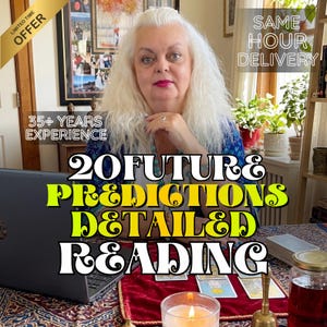 Puede incluir: Imagen de una mujer con cabello blanco largo, promocionando una lectura detallada. El texto incluye "20 Predicciones Futuras", "Lectura Detallada", "35+ Años de Experiencia" y "Entrega en el mismo día". Se ven una laptop, cartas del tarot y una vela encendida.