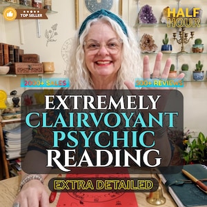 May include: A psychic reading service advertisement featuring text that reads EXTREMELY CLAIRVOYANT PSYCHIC READING, HALF HOUR, 2000+ SALES, 500+ REVIEWS, and EXTRA DETAILED. The image includes a red circular chart and a brass bell on a desk.