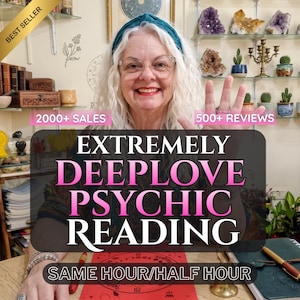 May include: A person with white hair wearing a teal headband and glasses, positioned behind a sign that reads EXTREMELY DEEPLOVE PSYCHIC READING, 2000+ SALES, 500+ REVIEWS, and SAME HOUR/HALF HOUR. The person is holding up a hand with five fingers extended.