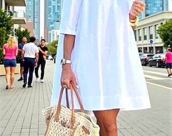 Effortless White A-Line Mini Shirt Dress