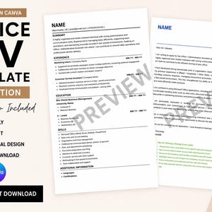 Pode incluir: Modelo de currículo de escritório, edição do Reino Unido, com carta de apresentação incluída. Design profissional, fácil de editar e download instantâneo. O modelo é em preto e branco com o logotipo Canva.