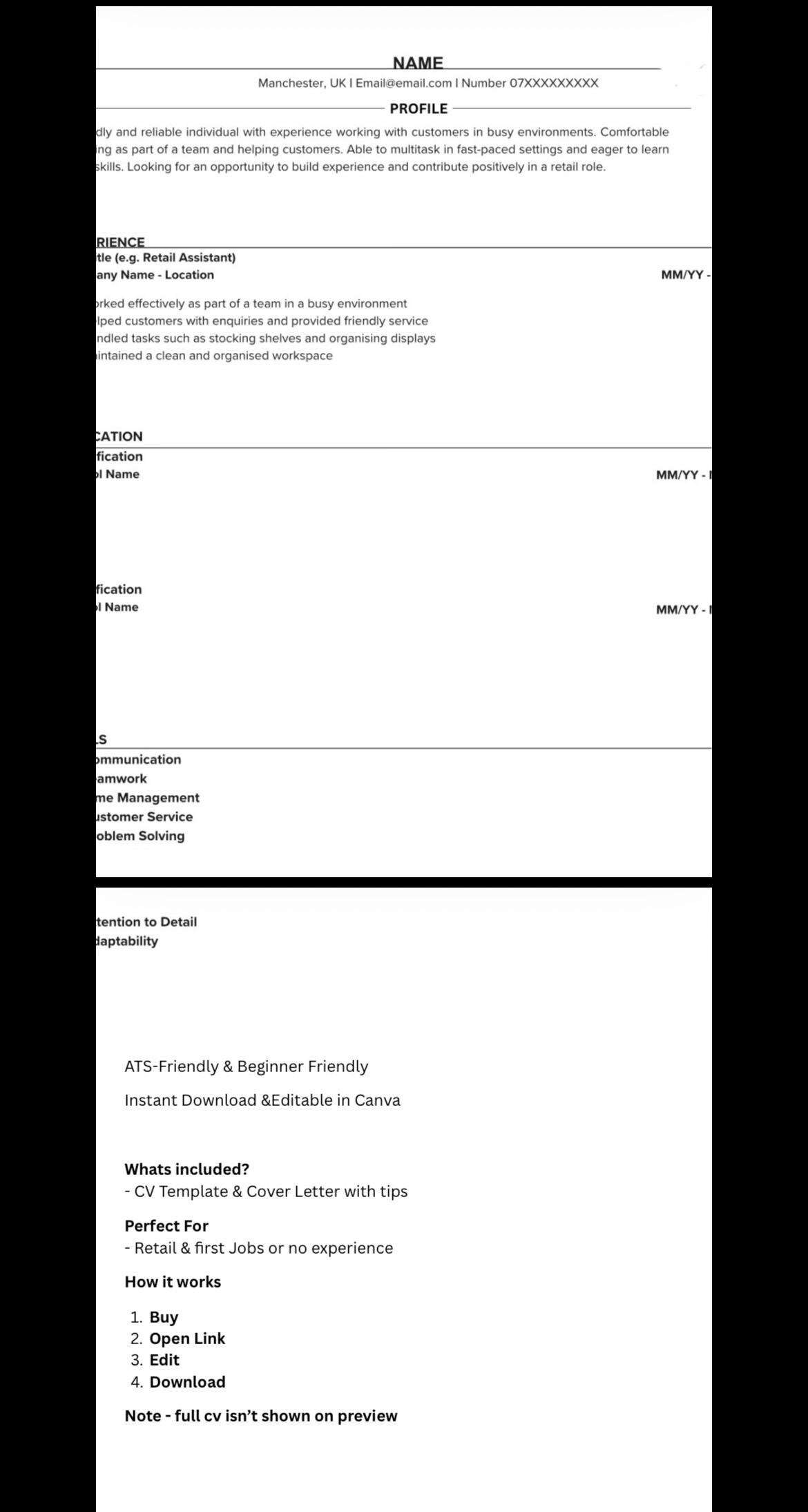 Retail CV Template UK | Editable Canva Cv | First Job CV | No ...