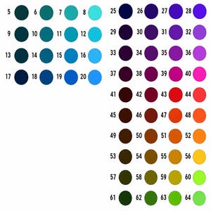 May include: A colour chart featuring sixty-eight numbered circular swatches arranged in columns. The text at the top reads CHOOSE YOUR COLOUR and Please let me know the number of the colour you would like. The palette includes various shades of blue, green, purple, pink, red, orange, yellow, and brown.