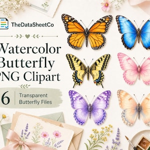 May include: Watercolor butterfly PNG clipart featuring six transparent butterfly files. The butterflies are in various colors, including orange, blue, yellow, pink, purple, and peach. The image includes text that says "Watercolor Butterfly PNG Clipart" and "6 Transparent Butterfly Files."