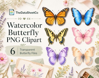 Watercolor Butterfly PNG Clipart, Spring Colors, 6 Transparent Files (Digital Download)