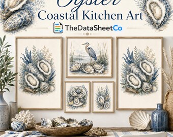 Conjunto de láminas imprimibles de ostras para pared, láminas para cocina costera, arte con conchas de ostras, arte de madera flotante para pared, descarga digital para casa de playa.