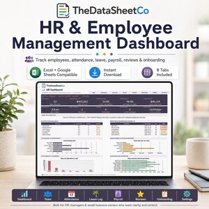Peut inclure: Un tableau de bord numérique de gestion des ressources humaines et des employés affiché sur un écran d'ordinateur portable. L'interface présente des visualisations de données, des graphiques et des tableaux pour le suivi des congés et la paie.