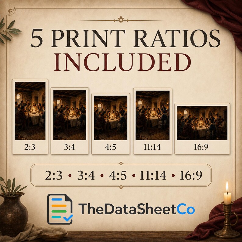 May include: A digital graphic displaying 5 PRINT RATIOS INCLUDED with five framed images of the Last Supper. The ratios 2:3, 3:4, 4:5, 11:14, and 16:9 are listed below the frames and in a central box. The logo for TheDataSheetCo is at the bottom.