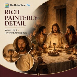 May include: A digital graphic featuring the text TheDataSheetCo, RICH PAINTERLY DETAIL, and Warm Light Reverent Atmosphere. It displays a scene of a group of people at a table with bread and a chalice, plus circular insets showing a close-up of a face and a chalice.