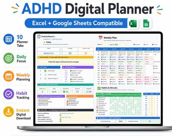 ADHD Life Planner Google Sheets Excel Daily Planner Budget Tracker Habit Tracker Productivity Spreadsheet Monthly Weekly Calendar Routine