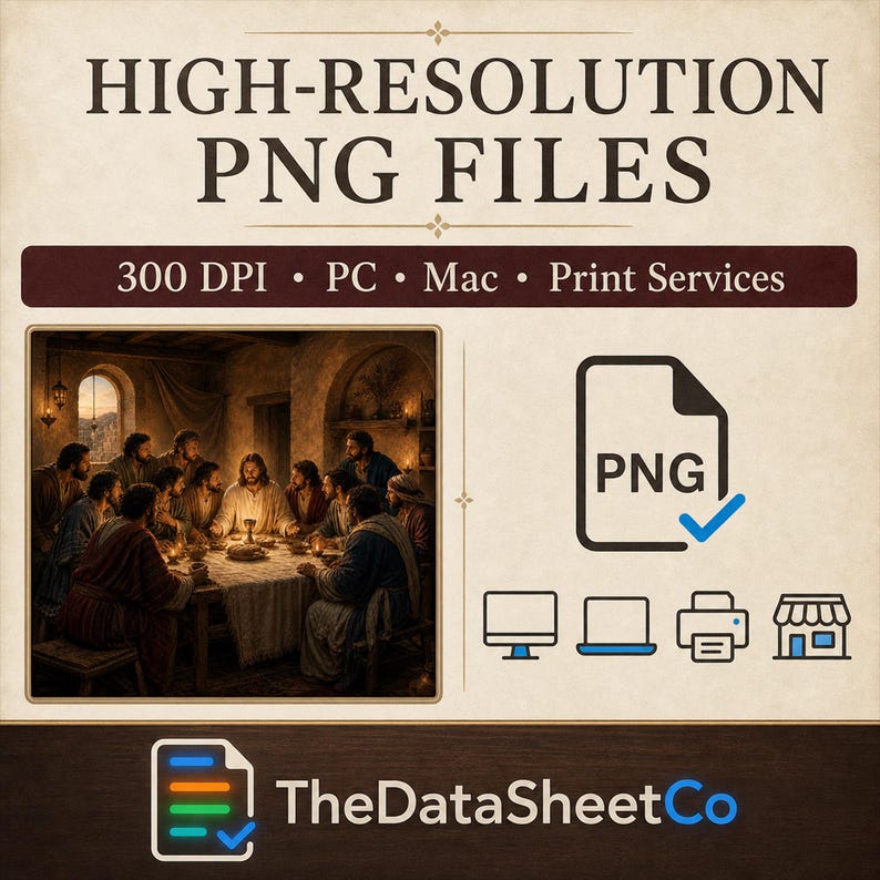 May include: A digital file listing featuring the text HIGH-RESOLUTION PNG FILES, 300 DPI, PC, Mac, Print Services. It includes an illustration of The Last Supper, a PNG file icon with a checkmark, and icons for a monitor, laptop, printer, and shop.