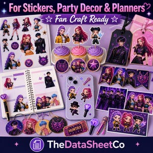 Puede incluir: Una colecci&oacute;n de pegatinas, decoraci&oacute;n de fiestas y art&iacute;culos de planificaci&oacute;n con personajes de estilo anime. Los art&iacute;culos incluyen pegatinas, etiquetas, adornos para cupcakes, una funda para tel&eacute;fono y un cuaderno. La combinaci&oacute;n de colores es principalmente p&uacute;rpura, rosa y negro, con el texto "For Stickers, Party Decor & Planners" en la parte superior.