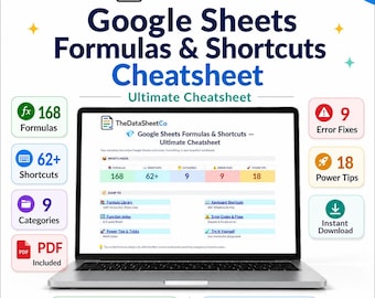 Google Sheets Formulas Shortcuts Cheatsheet, Excel Formula Guide, Spreadsheet Reference, Function Index, Keyboard Shortcuts PDF