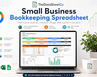 Small Business Bookkeeping Spreadsheet, Expense Tracker, Income Tracker, Business Budget, Mileage & Profit Tracker Excel Template