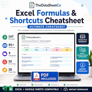 Peut inclure: Une fiche de référence numérique Excel Formulas & Shortcuts Cheatsheet par TheDataSheetCo affichée sur un écran d'ordinateur. Le guide contient 147 formules, 85+ raccourcis, 9 catégories, 10 corrections d'erreurs et 18 astuces au format PDF.