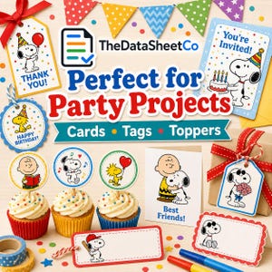 Party project examples with cards, tags, toppers, cupcakes and cartoon character graphics