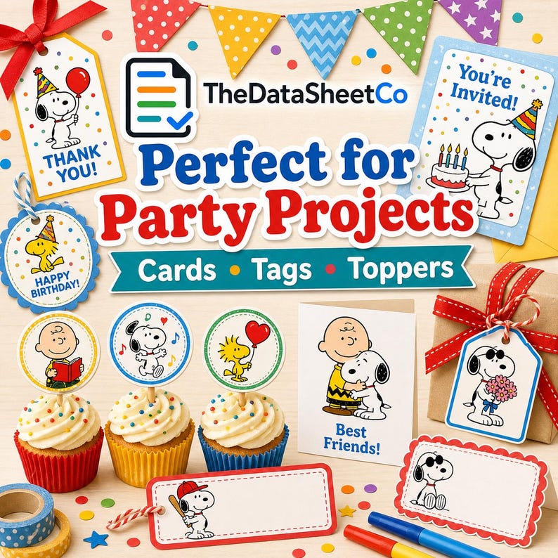 Party project examples with cards, tags, toppers, cupcakes and cartoon character graphics