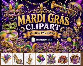 Paquete de imágenes prediseñadas PNG de Mardi Gras, máscaras de carnaval, cangrejos de río, arte de Nueva Orleans (descarga digital)