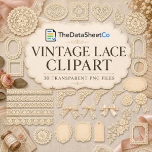 Vintage spets clipart-paket, 30 transparenta PNG-duksramar, spetskanter för skräpjournaler, spets för bröllopsinbjudningar PNG, scrapbook-grafik