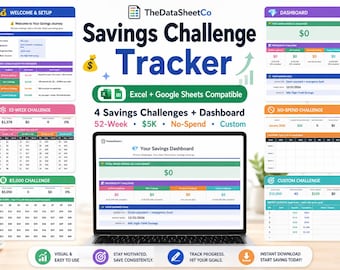 Strumento di monitoraggio delle sfide di risparmio / Pianificatore di budget in Excel e Fogli Google (Download digitale)