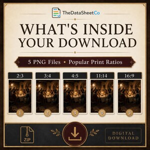 May include: A digital download information graphic titled WHAT'S INSIDE YOUR DOWNLOAD by TheDataSheetCo. It displays 5 PNG files in print ratios 2:3, 3:4, 4:5, 11:14, and 16:9, each showing a scene of a group dining at a long table. Includes a ZIP icon.