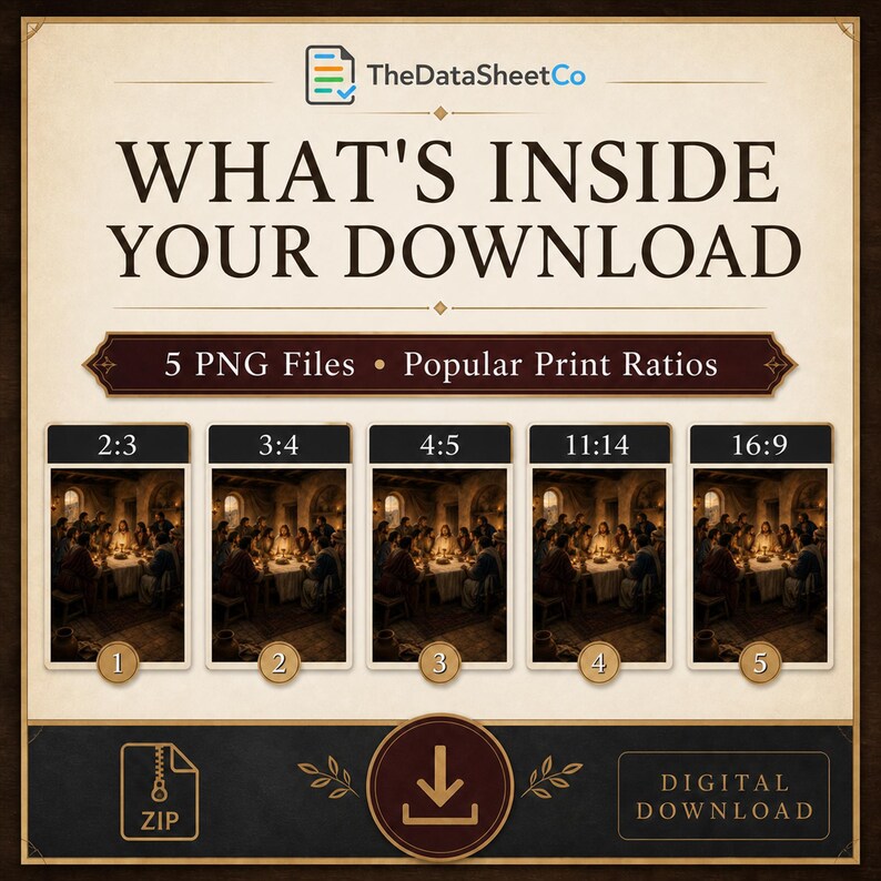 May include: A digital download information graphic titled WHAT'S INSIDE YOUR DOWNLOAD by TheDataSheetCo. It displays 5 PNG files in print ratios 2:3, 3:4, 4:5, 11:14, and 16:9, each showing a scene of a group dining at a long table. Includes a ZIP icon.