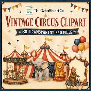 Puede incluir: Una colección digital de imágenes prediseñadas de circo vintage con 30 archivos PNG transparentes. La imagen muestra una carpa de circo a rayas rojas y blancas, un carrusel con caballos, un elefante, un león, un oso en bicicleta y globos de colores.