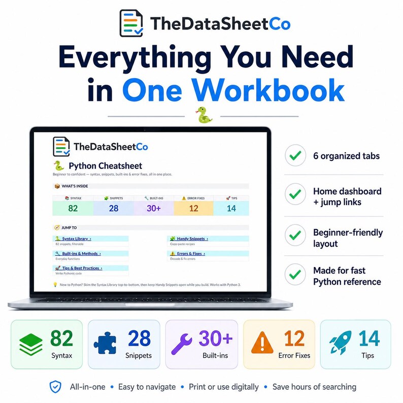 Hoja de referencia de Python, Hoja de referencia de Python para principiantes, Libro de trabajo de referencia de Python, Hoja de referencia de codificación, Fragmentos de sintaxis de Python, Guía en PDF de Excel imagen 2