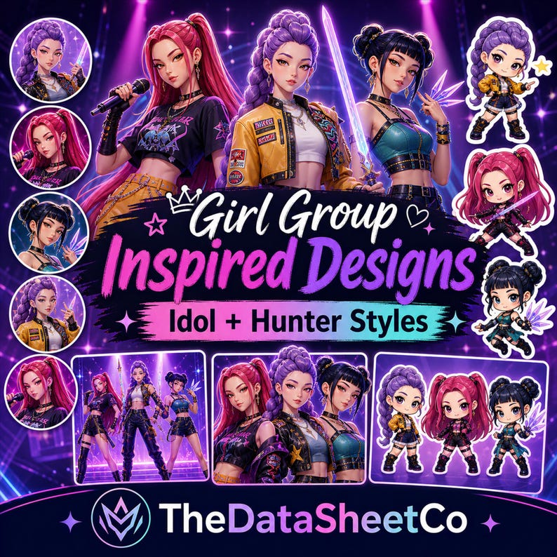 Puede incluir: Imagen promocional con arte digital de un grupo de chicas. La obra de arte muestra varios personajes femeninos en varias poses y atuendos, con el texto "Girl Group Inspired Designs" y "Idol + Hunter Styles". El logotipo de TheDataSheetCo est&aacute; en la parte inferior.