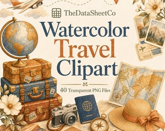 Vintage Watercolor Travel Clipart Bundle, Passport, Suitcase, Airplane PNG (40 Files)