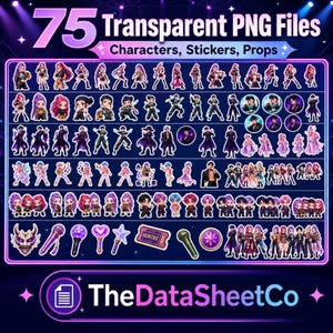 Puede incluir: Gr&aacute;fico digital con 75 archivos PNG transparentes de personajes, pegatinas y accesorios. La imagen incluye varios dise&ntilde;os de personajes, pegatinas y accesorios, como micr&oacute;fonos, estrellas y entradas. El texto "TheDataSheetCo" est&aacute; en la parte inferior.