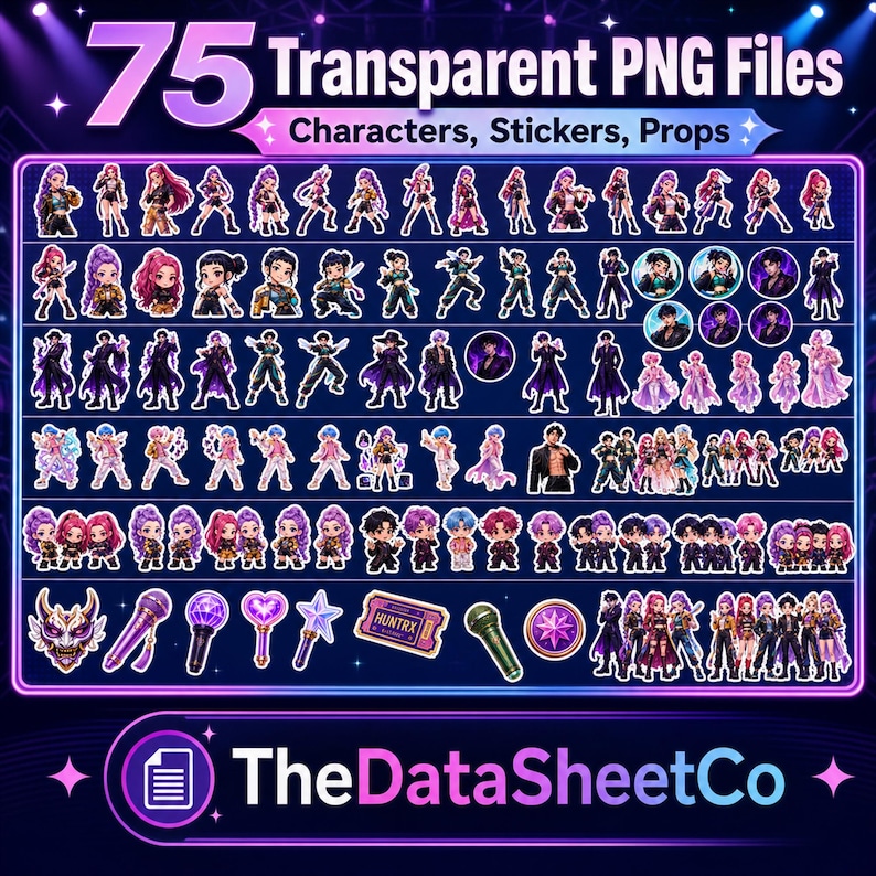 Puede incluir: Gr&aacute;fico digital con 75 archivos PNG transparentes de personajes, pegatinas y accesorios. La imagen incluye varios dise&ntilde;os de personajes, pegatinas y accesorios, como micr&oacute;fonos, estrellas y entradas. El texto "TheDataSheetCo" est&aacute; en la parte inferior.