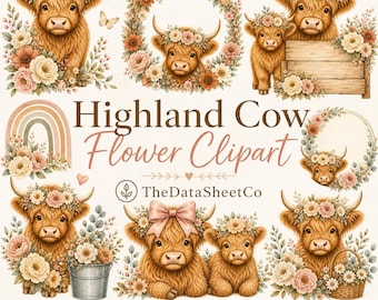 Highland Cow Flower Clipart Bundle, Watercolor Highland Cow PNG, Floral Cow Clipart, Baby Shower Nursery Farmhouse Digital Download